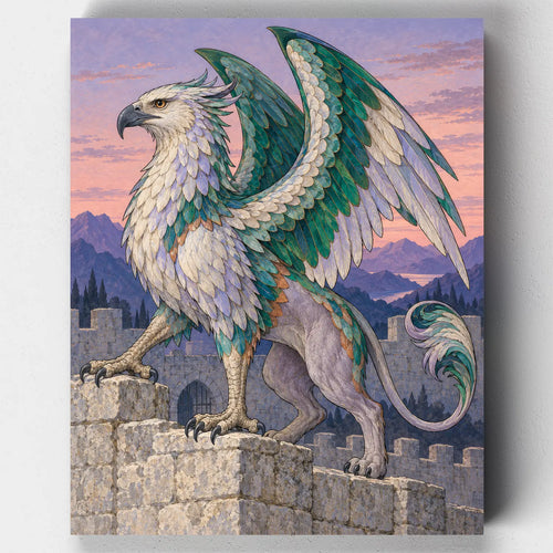 The Silver Griffin paint by numbers kit with a silver griffin on a castle wall at dusk