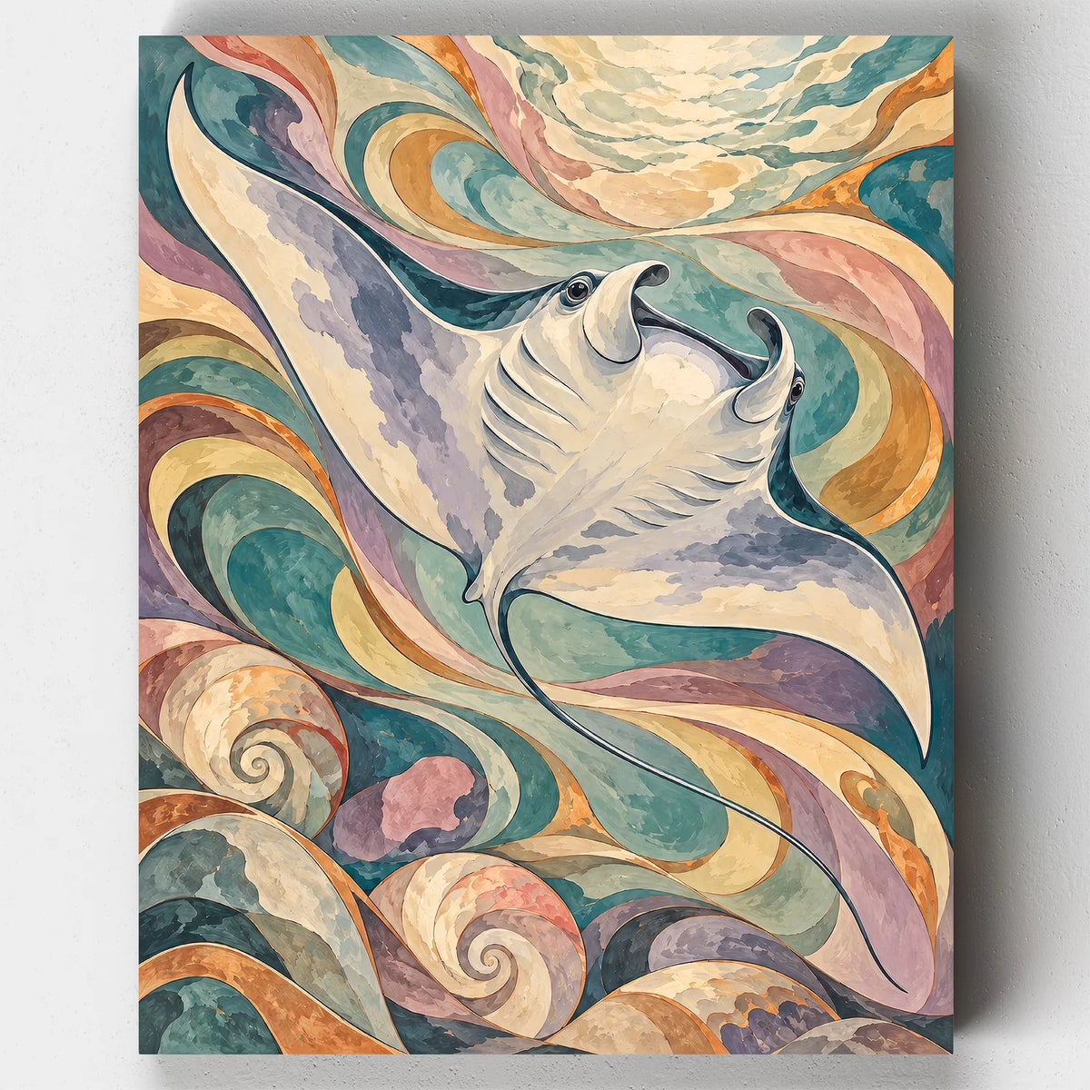 The Silver Manta paint by numbers kit with a manta ray among swirling Art Nouveau waves
