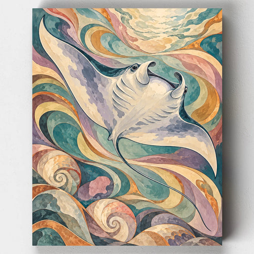 The Silver Manta paint by numbers kit with a manta ray among swirling Art Nouveau waves