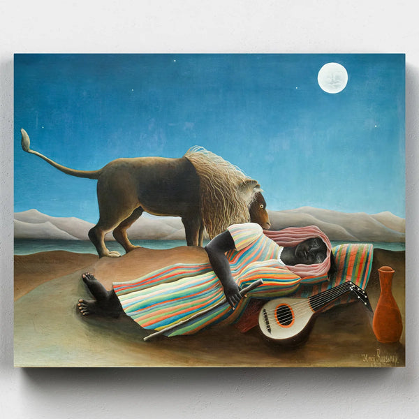 Artistic depiction of a lion and a person lying on a striped couch under a moonlit sky.