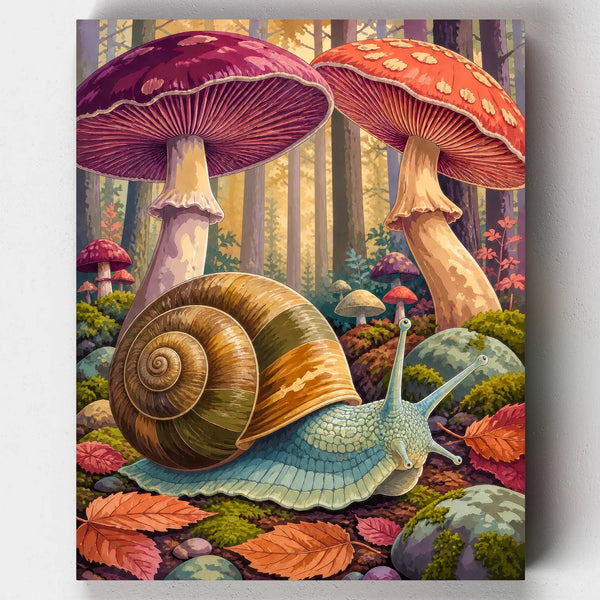 Garden snail and toadstools paint by numbers kit surrounded by fallen autumn leaves