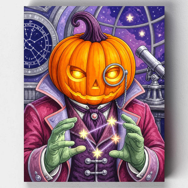 The Stargazer's Curse. A green-handed sorcerer conjures a glowing constellation beside a monocled jack-o'-lantern in this whimsical Halloween paint by numbers kit.