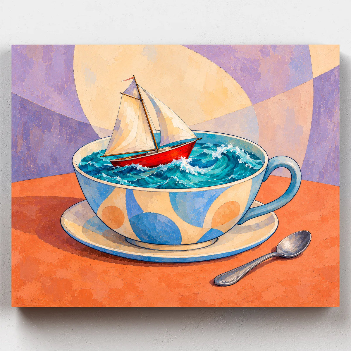 Teacup Voyage paint by numbers kit with a sailboat on waves inside a blue teacup