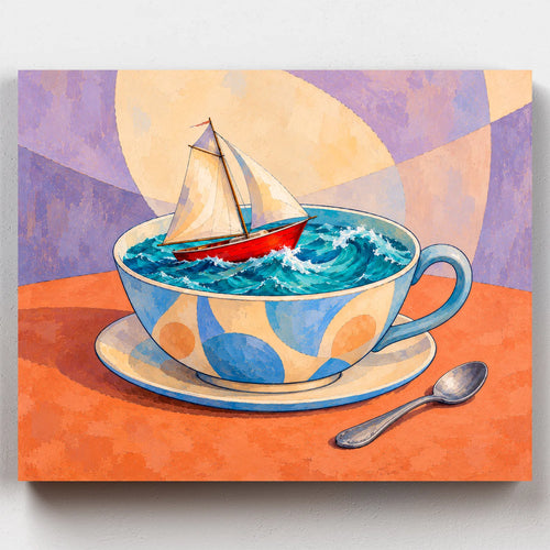 Teacup Voyage paint by numbers kit with a sailboat on waves inside a blue teacup