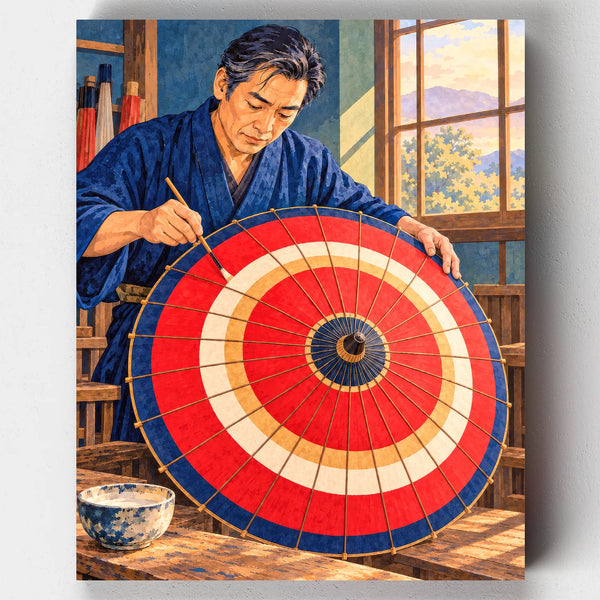 The Umbrella Painter paint by numbers kit with a craftsman painting a red Japanese paper umbrella