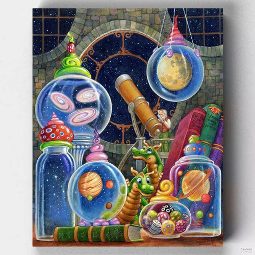 The Universe In A Jar. Ready to explore new galaxies and paint your own universe? With this paint-by-numbers set, you can bring vibrant and fantastical dragons, planets, and nebulas to life.