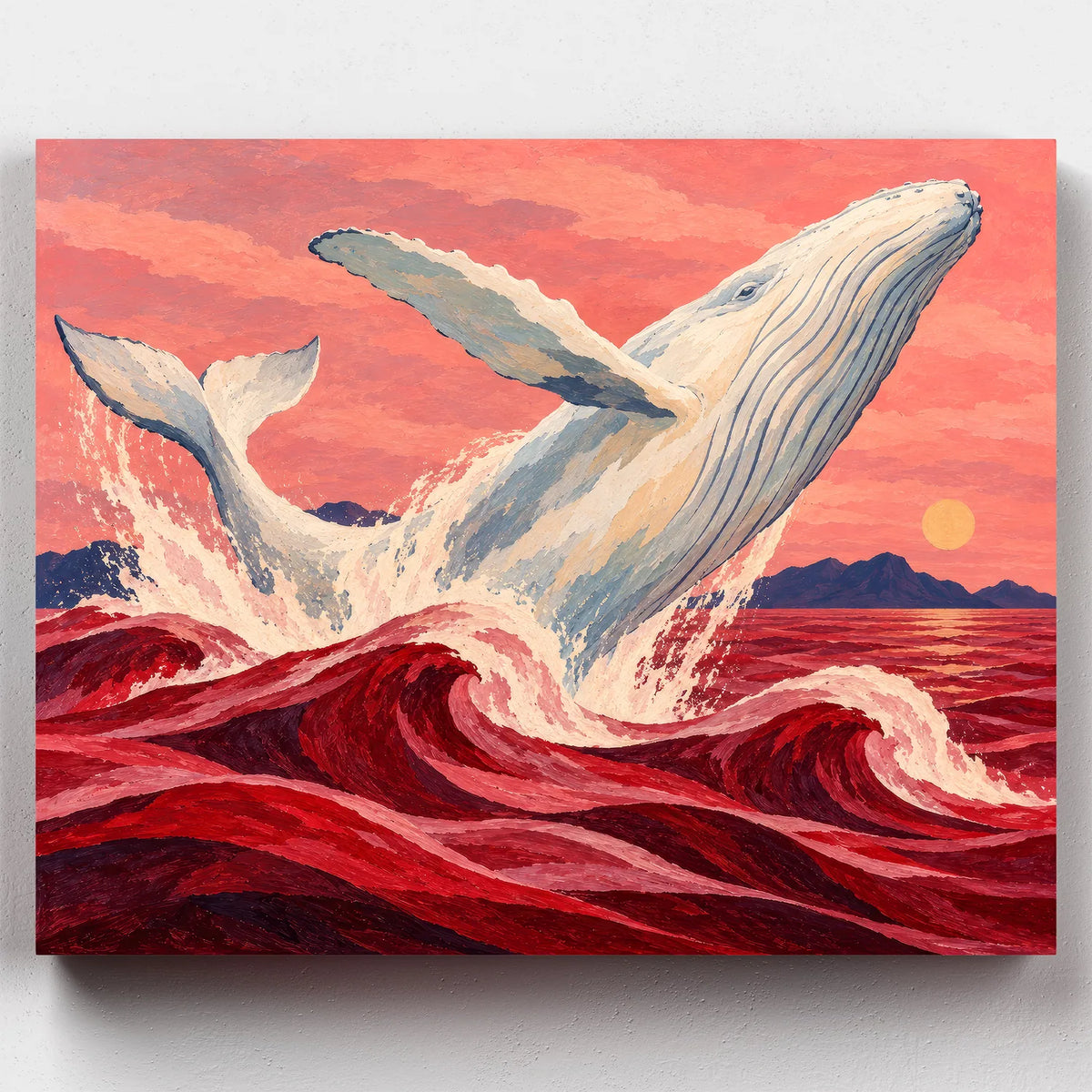 Crimson Tide Whale paint by numbers kit with a white whale leaping from red waves