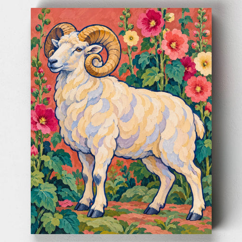 The Woolly King paint by numbers kit with a woolly ram with curled horns among hollyhocks