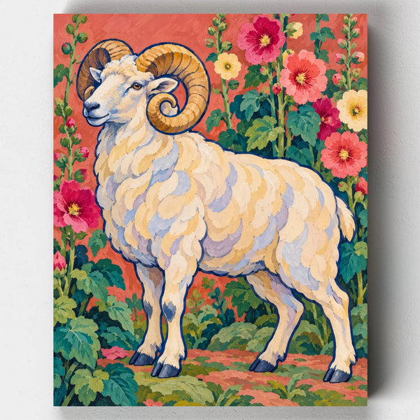 The Woolly King paint by numbers kit with a woolly ram with curled horns among hollyhocks