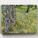 Painting of a tree and field with flowers on a white background