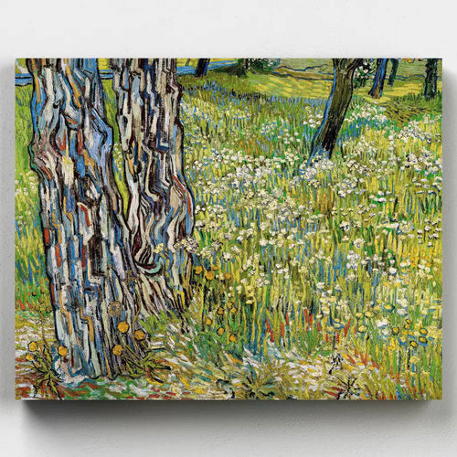 Painting of a tree and field with flowers on a white background