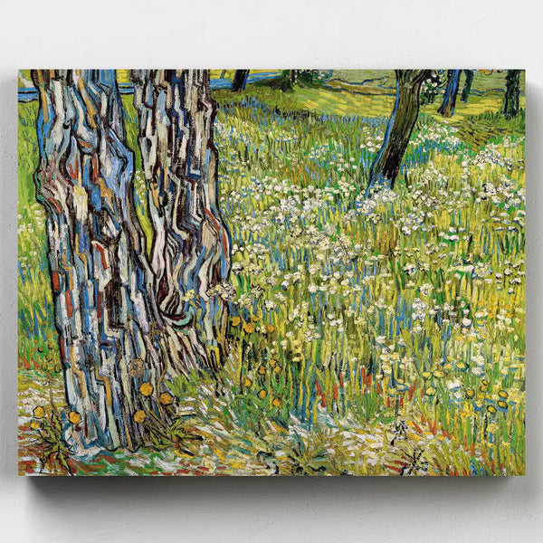 Painting of a tree and field with flowers on a white background