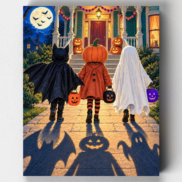 Trick or Treat Shadows. Three trick-or-treaters dressed as a bat, a pumpkin, and a ghost walk up to a glowing porch in this Halloween paint by numbers kit.