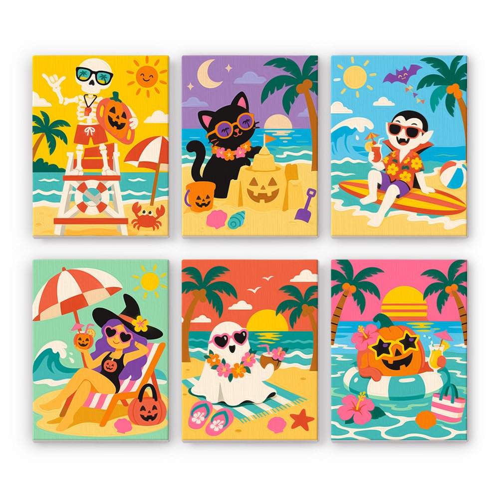 Tropical Monster Getaway mini paint by numbers set showing all six Halloween designs