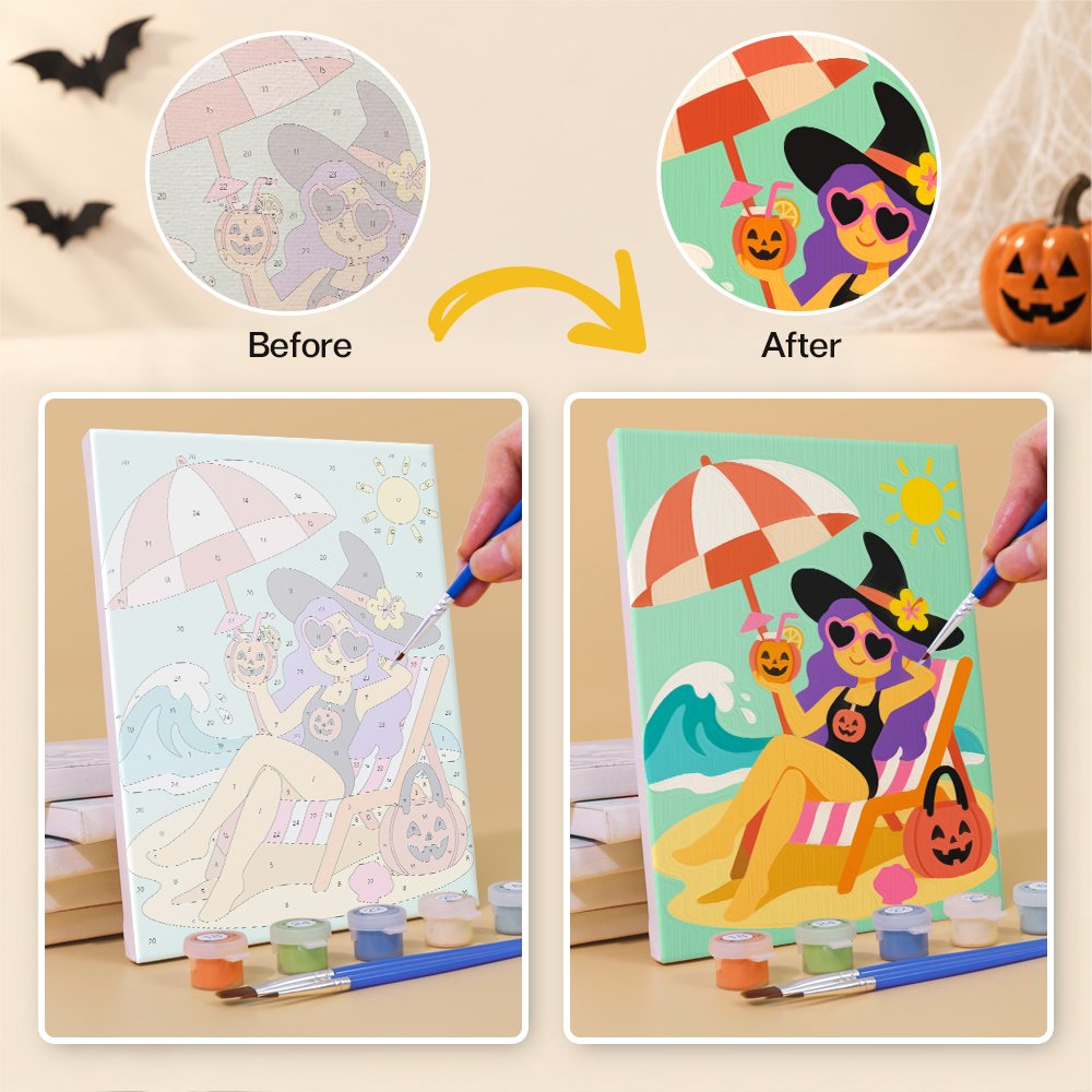 Before and after painting a Tropical Monster Getaway mini canvas