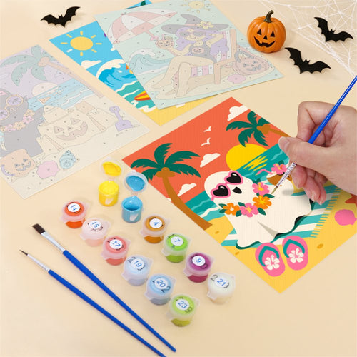 Close-up of a Tropical Monster Getaway mini canvas halfway painted
