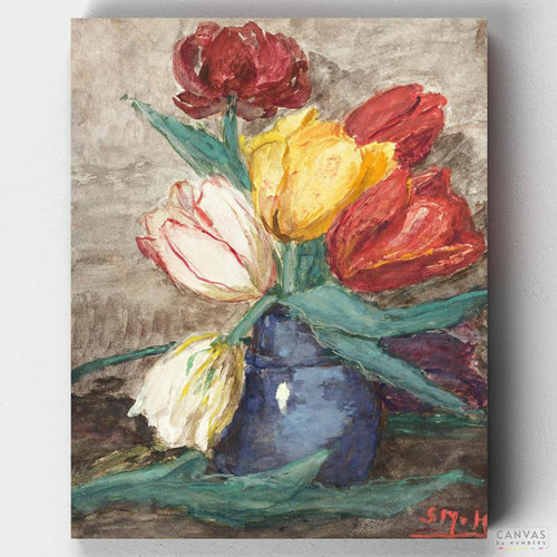 Tulips in a Vase. Unleash your creativity with this floral paint by numbers kit. Ideal for beginners, this kit lets you capture the beauty of Van Houten’s vibrant floral arrangement.