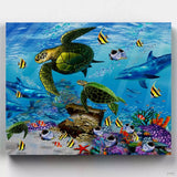 Turtle Lagoon - Paint by Numbers-A beautiful paint by numbers scene featuring lagoon life. Among the coral and turtles, two playful dolphins swim. Are you ready for some creative fun?-Canvas by Numbers