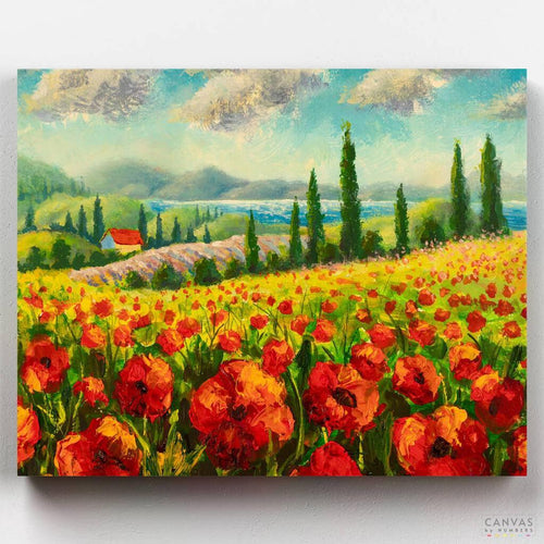Tuscany Landscape. A colorful poppy field under the blue sky - this paint by numbers is a joy to paint! Discover exclusive Boyan's art at Canvas by Numbers. Ships from the US.