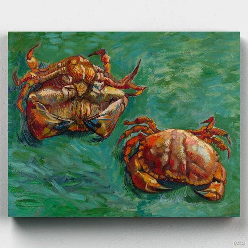 Two Crabs. Two Crabs is an oil painting by Vincent van Gogh from 1889. It is a still life with two crabs, one on its back, the other upright, against a green background.