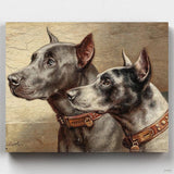A painting of two Great Danes standing side-by-side, one with a black collar and the other with a brown collar. Two Friends - Paint by Numbers-Recreate Carl Reichert's 'Two Friends' with our Paint by Numbers Kit. Start your art journey with Great Dane Painting today with Canvas by Numbers