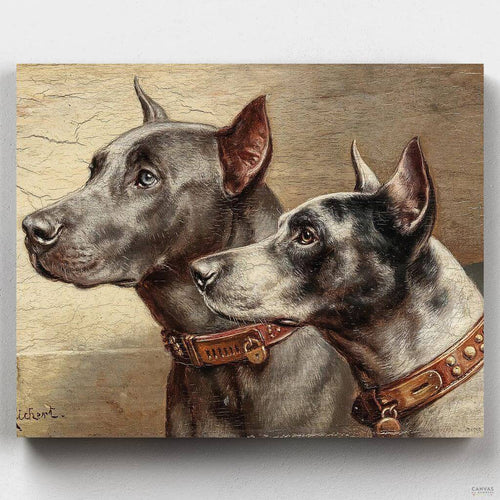 Two Friends. Discover the artistry of Carl Reichert's Two Friends: Great Danes Painting by Numbers Kit. Perfect for creating dog portraits at home by Canvas by Numbers.
