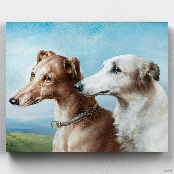 Two Greyhounds - Dogs Painting - Paint by Numbers - Recreate Reichert's serene 'Two Greyhounds' with our paint-by-numbers kit. Unveil the peaceful camaraderie of these elegant canines with Canvas by Numbers.