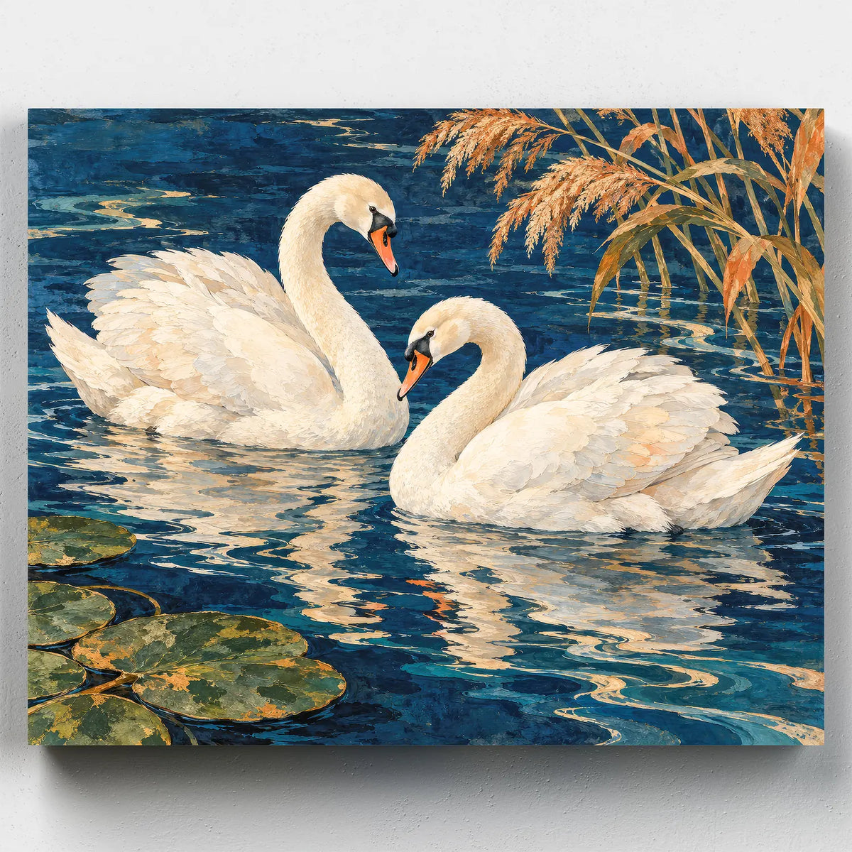 Two Hearts Afloat paint by numbers kit with two white swans on a dark blue lake with lily pads and reeds
