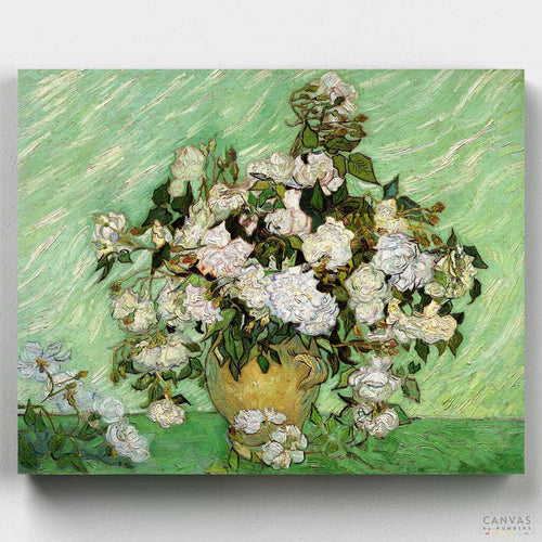 Vase with Pink Roses. Paint Vase with Pink Roses' with our Van Gogh paint by numbers kit. Perfect for art lovers to unwind and explore creative expression through painting.