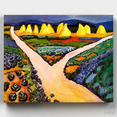 Vegetable Fields. Recreate August Macke's 'Vegetable Fields' with our paint by numbers kit. Perfect for capturing the vibrant colors and serene landscape of this artwork.