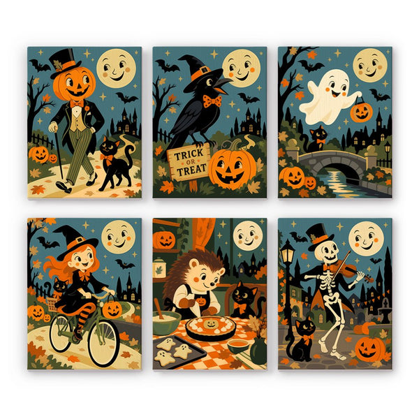 Vintage Storybook Night mini paint by numbers set showing all six Halloween designs