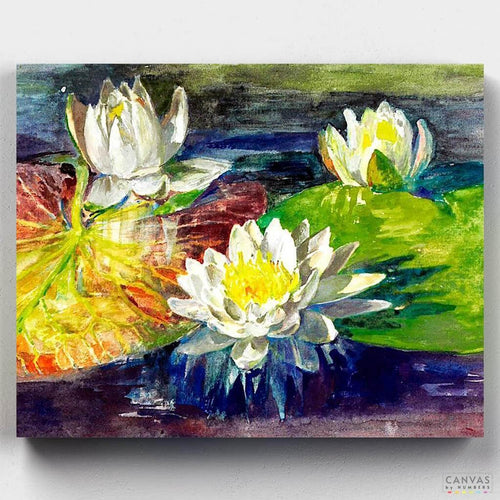 Water-Lilies Red and Green Pads. Floral Paint by numbers by American artist John La Fargue, who decorated many churches in the country and produced beautiful art inspired by his Asian trips.
