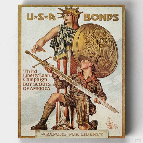 Weapons for Liberty. Original vintage WWI paint by numbers. U.S.A. bonds: Third Liberty Loan campaign: Boy Scouts of America by J. C. Leyendecker. Only at Canvas by Numbers.