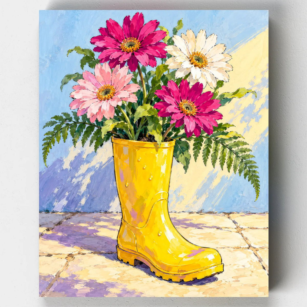 Wellington in Bloom paint by numbers kit with gerbera daisies growing out of a yellow rain boot