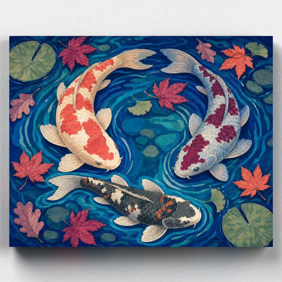 Koi fish pond paint by numbers kit with three koi swimming among drifting maple leaves