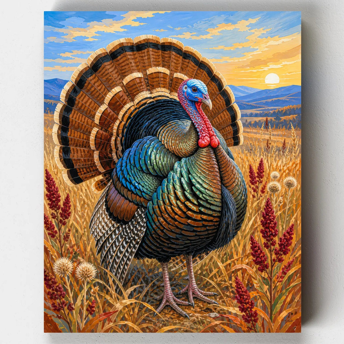 Wild turkey with tail fanned wide in a golden autumn meadow at sunset, paint by numbers kit