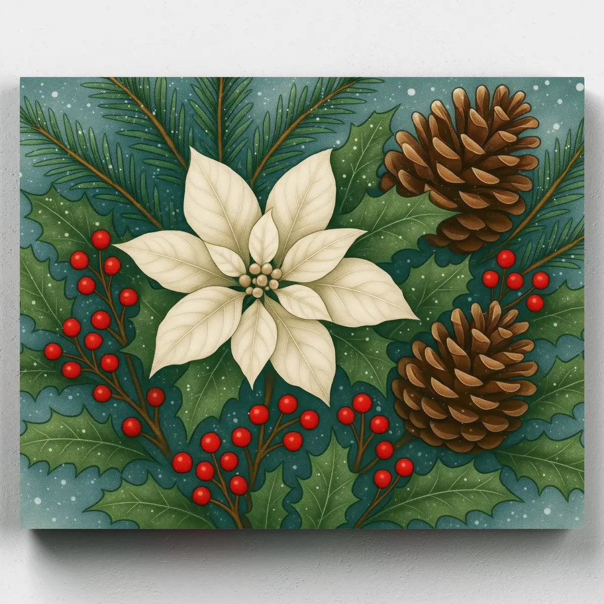 Decorative painting with poinsettia, pine cones, and berries on a green background