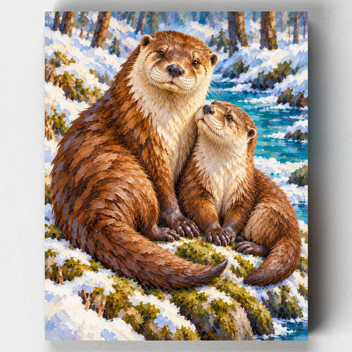 Winter Creek Otters paint by numbers kit with a mother otter and pup on a snowy bank by a creek