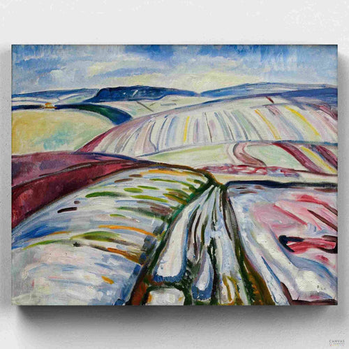 Winter Landscape, Elgersburg. Recreate Munch's winter scene with our detailed landscape paint by numbers kit. Dive into the world of painting while appreciating classic artistry.