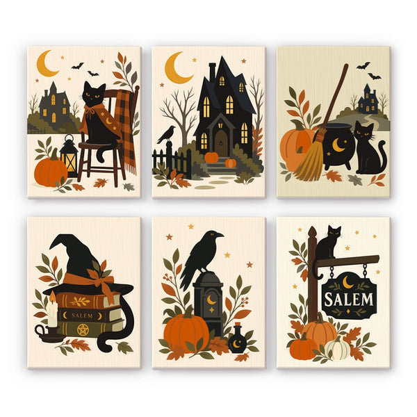 Witch City Kitty mini paint by numbers set showing all six Halloween designs