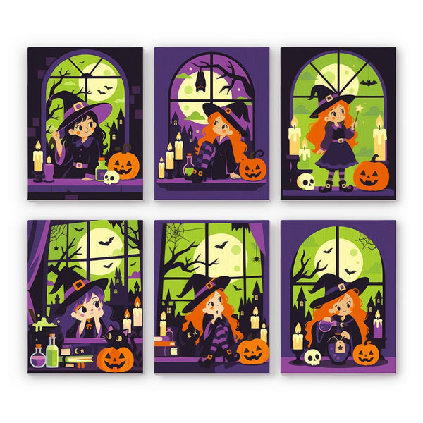 Witches at the Window mini paint by numbers set showing all six Halloween designs