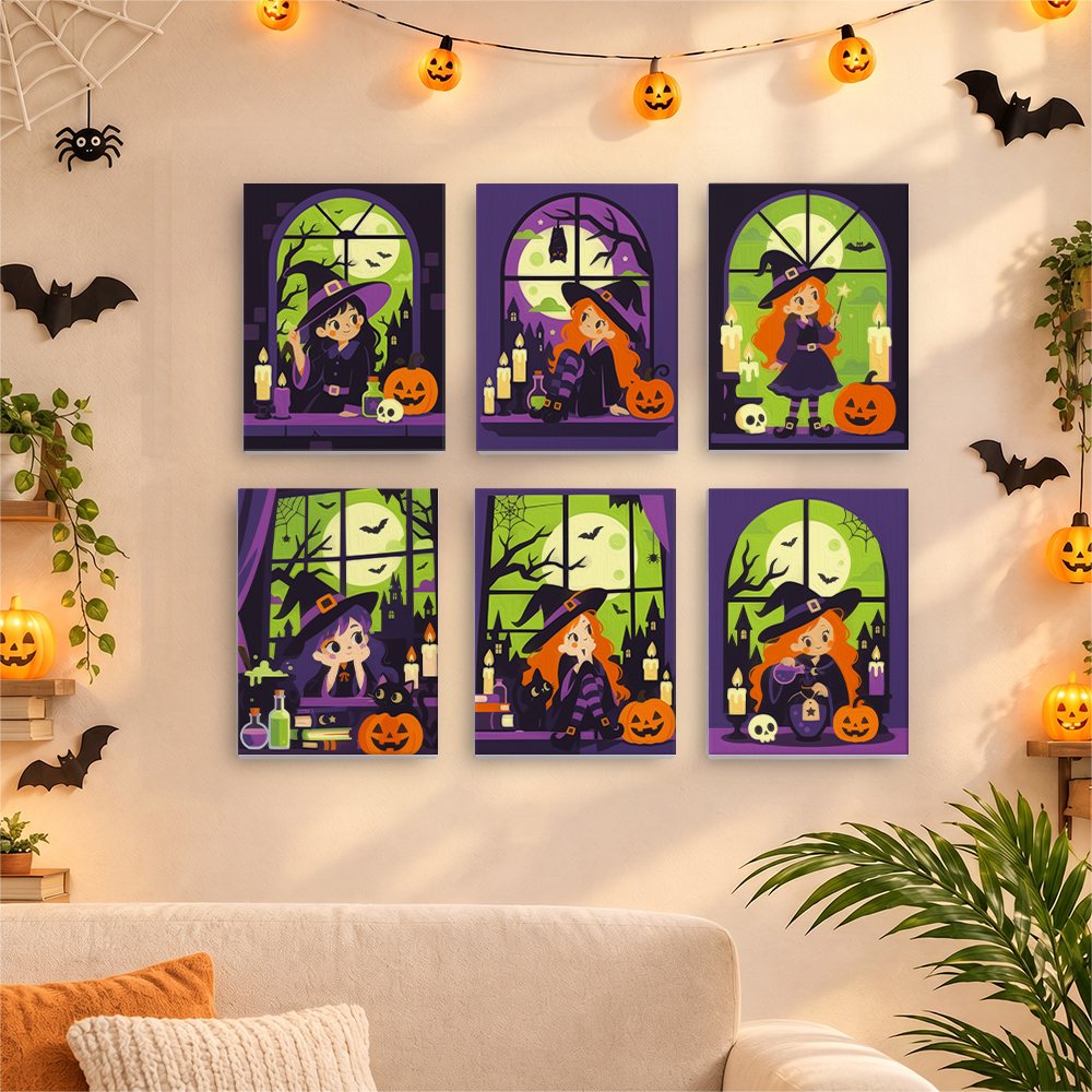 Witches at the Window mini canvases displayed together in a cozy Halloween living room