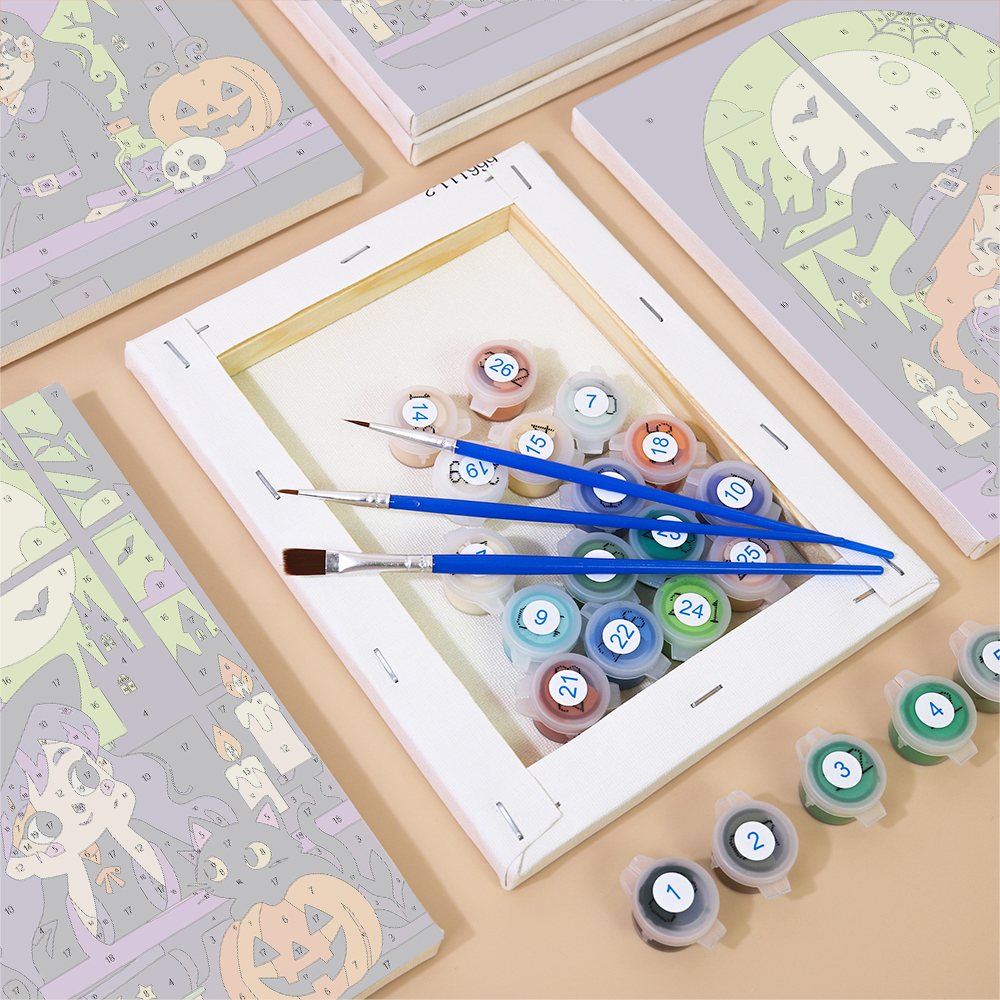 Numbered canvases, paint pots and brushes from the Witches at the Window set