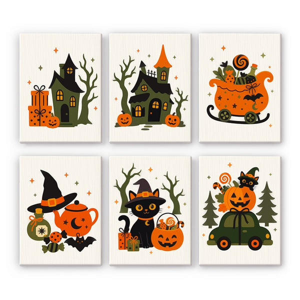 Witchy Holiday Mashup mini paint by numbers set showing all six Halloween designs