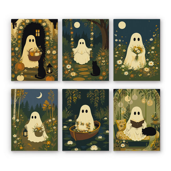 Woodland Ghost Stories mini paint by numbers set showing all six Halloween designs