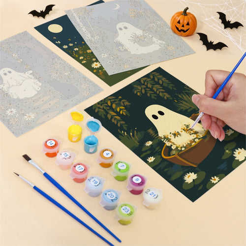 Close-up of a Woodland Ghost Stories mini canvas halfway painted