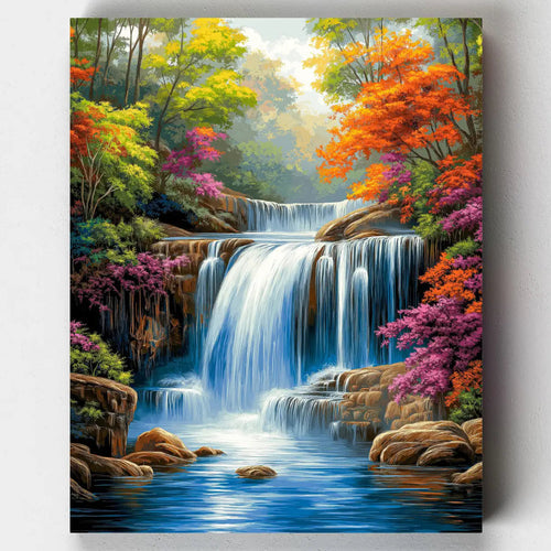 Colorful painting of a waterfall and forest scene with vibrant trees and rocks.