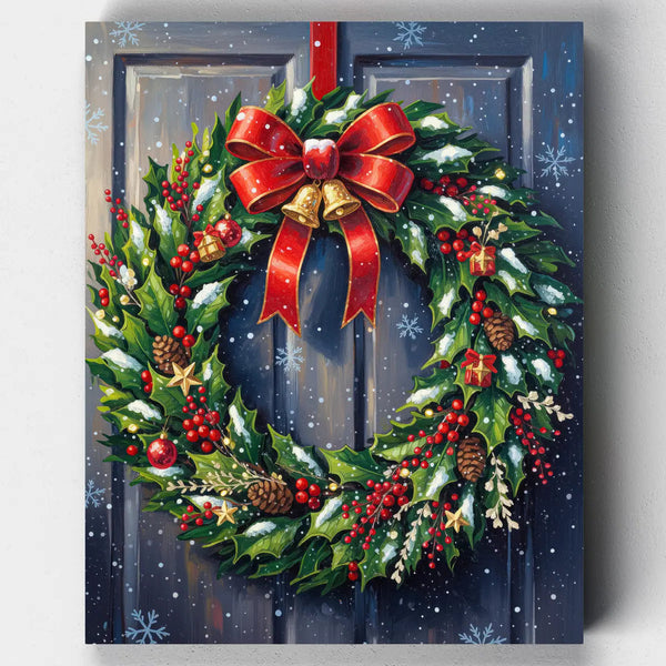 Festive Christmas wreath decorated with holly, red berries, pinecones, and a bright red bow, hanging on a snowy wooden door with falling snowflakes.