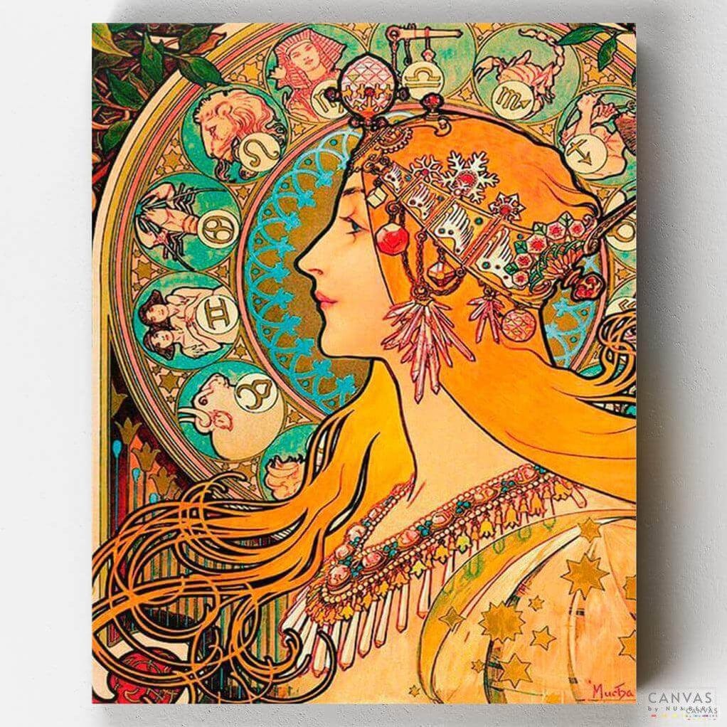 Zodiac (1896) - Paint by Numbers-Mucha's paint by numbers are colorful, detailed, and relaxing. Enjoy painting this female emblem with our quality kits. Ships from the US. Get yours!-Canvas by Numbers