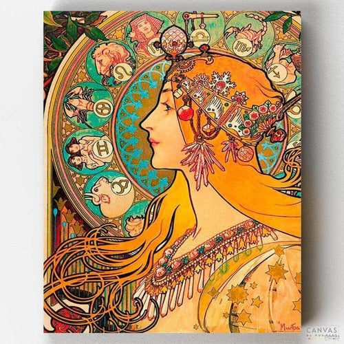 Zodiac (1896). Mucha's paint by numbers are colorful, detailed, and relaxing. Enjoy painting this female emblem with our quality kits. Ships from the US. Get yours!